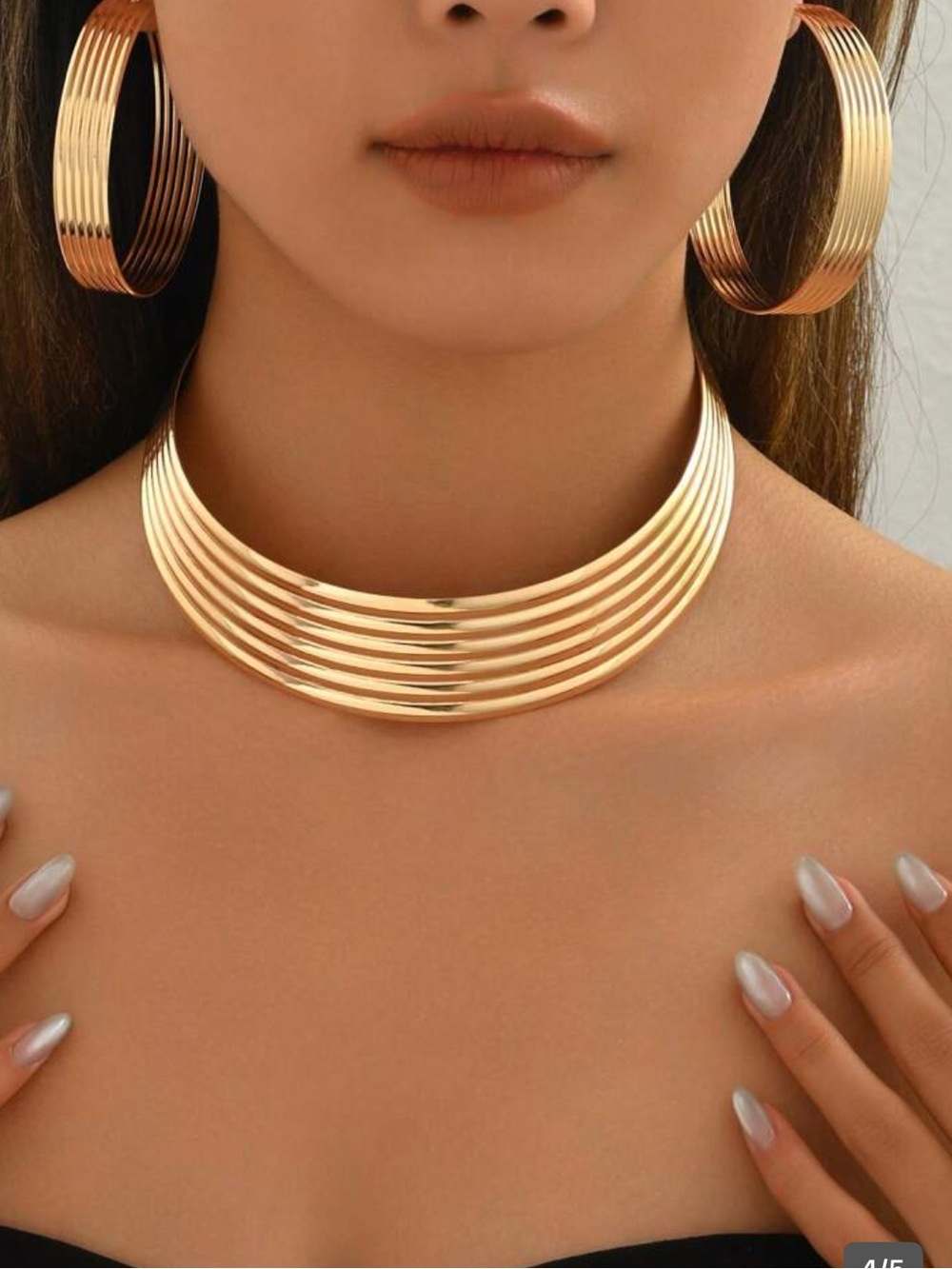 Gold-Tone Layered Collar Necklace and Hoop Earrings Set - Picture 4 of 6
